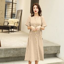 Women Plaid Dress Summer Fashion Female Short Sleeve V-neck Vintage Lace Up Casual Chiffon Wrap Dresses A-line Vestidos 210423