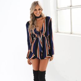European And American Vertical Stripes Sexy V-neck High Waist Bow Long Sleeve Women's Jumpsuit Hollowed-out Versatile Shorts Jumpsuits & Rom