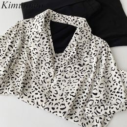 Kimutomo Vintage Leopard Blouse Women Summer Hollow Out Korean Style Female Short Sleeve Single Breasted Shirt Fashion 210521