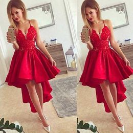 2021 Red Satin Lace Appliques Short Cocktail Dresses Juniors Evening Wear Elegant Cheap Hi Low Party Prom Dresses