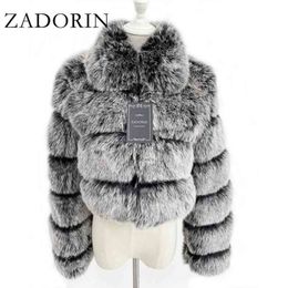 ZADORIN Fashion Cropped Fur Top Women FAUX Coat Plus Size Turn Down Collar Winter Fluffy Jacket 210816