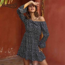 Sexy Off the Shoulder Ruffle Hem Dresses Women Spring Summer Holiday Beach Female Print Long Sleeve Tunic Mini Dress 210510