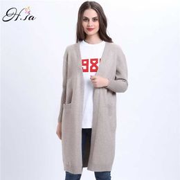 H.SA Spring Long Cardigans for Women V neck Long Sleeve Knitted Wear Pocket Poncho Femme Korean Fashion Jumper Top Quality 210716