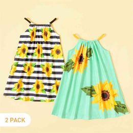 2-piece Toddler Girl Sunflower Striped Dress for 2-6Y Kids sleevesess Clother 210528