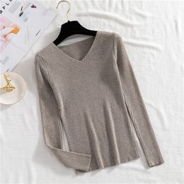 H.SA Women Sweater Winte Pullover Elastic Knitted Jumper Long Sleeve V-neck Autumn Basic Female Top Knitwear Sueter Mujer 210417