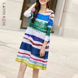 Print Pleated Dress Loose Casual Wrist Sleeve Striped Stitching Color Dresses Ladies Large Size Fashion Clothing 2D3936 210526