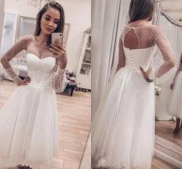 2022 Country Wedding Dresses Bridal Gown Long Poet Sleeves Scoop Neck Lace up Back Custom Made Plus Size Tulle A Line vestido de novia Tea Length