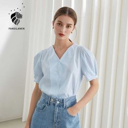 FANSILANEN 100% Cotton Office Lady Blue Striped Stitching Short Sleeve Shirt Women's Summer Puff V-neck Casual 210607