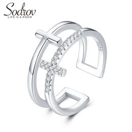 Sodrov Silver 925 Jewelry For Women 925 Sterling Trendy Cross Finger Ring Size Adjustable Opening Rings 211217