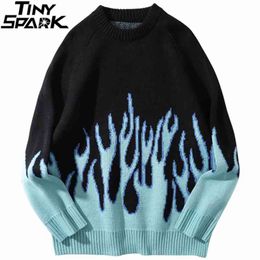 Hip Hop Mens Streetwear Harajuku Knitted Sweater Blue Fire Flame Autumn Pullover Loose HipHop Retro Vintage Cotton 210812