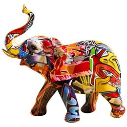 Creative Painted Colourful Elephant Resin Craft Ornament Home Living Room Wine Cabinet Porch Decorations 210804