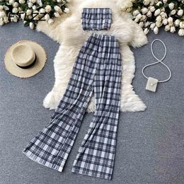 Woman Streetwear Plaid Suit Summer Sexy Shirt Crop Tops High-waist Wide-leg Pants Folds Two-piece Sets Women High Street Outfits 210525