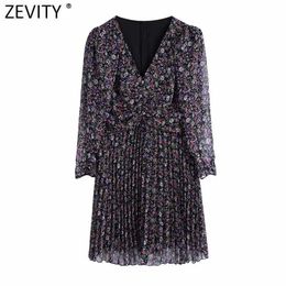 Zevity Women Vintage V Neck Floral Print Pleated Mini Dress Female Pleats Puff Sleeve Casual Slim Chiffon A Line Vestidos DS4825 210603