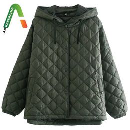 Adherebling Za Women Traf Jackets Winter Thin Style Argyle Padded Armygreen Parkas Fashion Hoodies Loose Coat Streetwear 211216