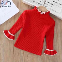 Girls Sweater Bottoming Shirt Children'S Trumpet Sleeve Lace Collar Base Autumn Winter Slim Knit Pullover 210611