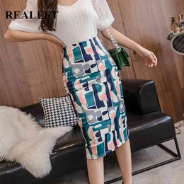 Spring Summer Geometric Print Sheath Wrap Skirts High Waist OL Style Pencil Midi Skirt Zipper Back Split Womens 210428