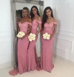 Mermaid Blush Pink Bridesmaid Dresses Off Shoulder Sweep Train Lace Appliques Garden Wedding Guest Party Gowns