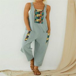 Women's Jumpsuits & Rompers 2021 Summer Women Casual Loose Linen Cotton Jumpsuit Sleeveless Floral Playsuit Long Pants Trousers Overall Plus