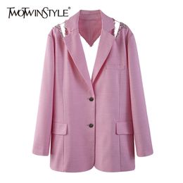 Hollow Out Patchwork Diamond Blazer For Women Notched Long Sleeve Casual Solid Blazers Female Fashion Clothes 210524