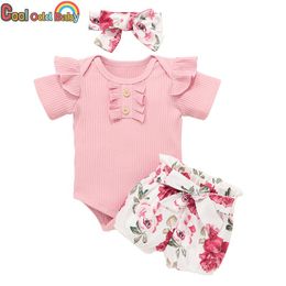 3Pcs Baby Girl Summer Clothes Set Floral Pattern Shorts Pink Bodysuit Tops Romper Headband Cute Born Infant Clothing Outfits Sets