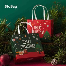 StoBag 5pcs Merry Christmas Red/Green Paper Rivet Portable Box Gift Chocolate Cookies Baking Candy Packing Supplies Bgs H1231