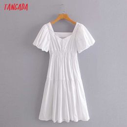 Tangada Summer Women White Sundress Square Neck Puff Short Sleeve Ladies Midi Dress Vestidos 3A116 210609