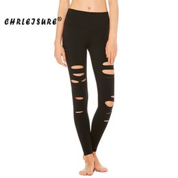 CHRLEISURE Fashion Holes Leggings Women Black Trousers Pants Fitness Legging Elasticity High Waist Workout Streetwear 210925