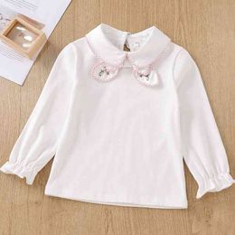 Gooporson Autumn Little Girls Costume Flower Embroidery Bow Tie Turn Down Collar Long Sleeve Shirt Cute Korean Children Tops 210508