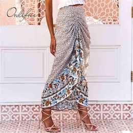 Summer Boho Women Long Vintage Traditional Floral Print Retro Stretch High Waist Maxi Skirt 210415