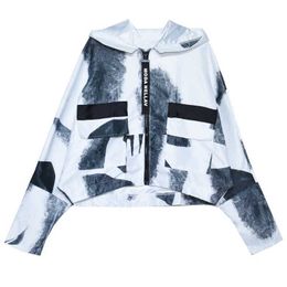 PERHAPS U Women Outwear Waterproof Windbreaker Rain Jacket Hooded Bat Sleeved Long Sleeve Grey White Print Pocket C0013 210529