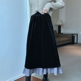 Winter Vintage Stitching Velvet Pleated Women Skirt Spring Harajuku High Waist Black Long s Student Casual Party 210514