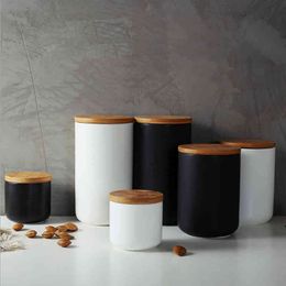 260ML 800ML 1000ML Ceramic Storage Tank Sealed Coffee Storage Bottle with Wood Lid Spice Jar Container Tea Pot Grain Organiser 210331