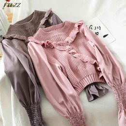 Autumn Winter Elegant Women Puff Sleeve Patchwork Knitted Sweater Casual Ruffled Tops 210423