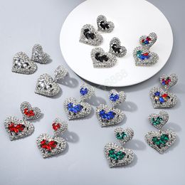 Silver Colour Rhinestone Heart Pendant Dangle Earrings For Women Girls Sparkly Luxury Crystal Ear Jewellery Wedding Party