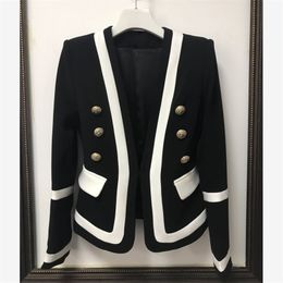 HIGH QUALITY Fashion Designer Blazer Jacket Women's Classic Black White Color Block Metal Buttons 211006
