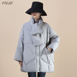 Winter Women Scarf Round Neck Warm Snow Outwear Elegant Female 90% White Duck Down Jacket Casual Loose Solid Coat 210423