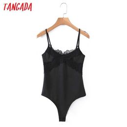 Tangada Women Black Lace Patchwork Bodysuit Big Stretchy Fashion Solid Shirt Playsuit Tops SL09 210609