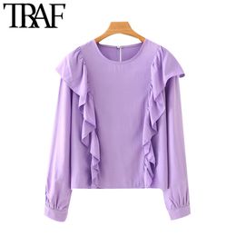 TRAF Women Sweet Fashion Ruffles Solid Blouses Vintage O Neck Long Sleeves Female Shirts Blusas Chic Tops 210415