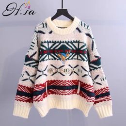 H.SA Women Round Neck Long Sleeve Knitted Pull Jumpers Christmas Tops Oversize Winter Women's Deer Sweater 210417