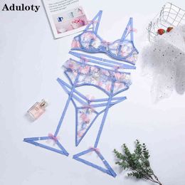 NXY sexy set Aduloty Women Hollow Out Seductive Underwear Blue Embroidery Flowers Bra Thong Garters 3 PS Summer Sexy Erotic Lingerie Set 1127