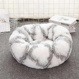 Cute Round Cat Bed House Soft Long Plush Basket Pet Sleeping Bag Puppy Cushion Mat Portable Supplies 211006