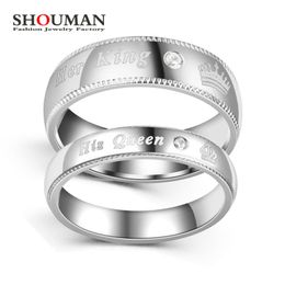 Wedding Rings SHOUMAN Crystal Her King His Queen Lettering Band Silver Color For Men Women Couple Lover Valentine's Day Gifts