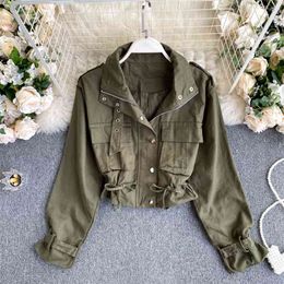 Fashion Spring Autumn Women's Jacket Solid Safari Style Turn Down Collar Full Sleeve All Match Short Coat with Pockets 210603
