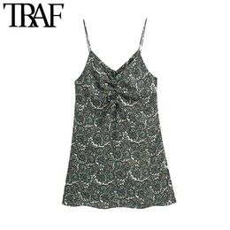 TRAF Women Chic Fashion With Drawstring Paisley Print Mini Dress Vintage Backless Thin Straps Female Dresses Vestidos 210415