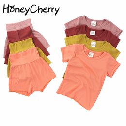 summer models cotton short-sleeved + pants suit children's pajamas home set girls clothing 210515