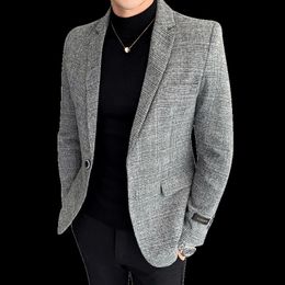 Men Casual Blazer British Style Business Slim Fit Plaid Suit Coat Long Sleeve Male Formal Single Buckle Jacket Men's Suits & Blazers