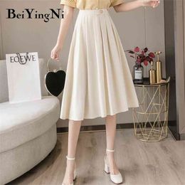 Beiyingni Elegant Pleated Women Skirt Midi Solid Colour Work Wear Vintage Fashion High Waist Skirts Casual Black Jupe Femme 210412