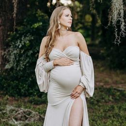 Maternity Maxi Split Gown Dresses for Photo Shoot Lantern Sleeve Pregnant Women Long Baby Shower Dress Pregnancy Photography X0902