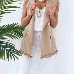 SLMD Stylish Chic Khaki Ruffles Double Breasted Vest Coat Women Fashion Pockets Waistcoat Female Casual Outfitsar 211120