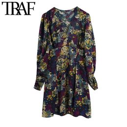 TRAF Women Chic Fashion Floral Print Mini Dress Vintage V Neck Long Sleeve Female Dresses Vestidos Mujer 210415